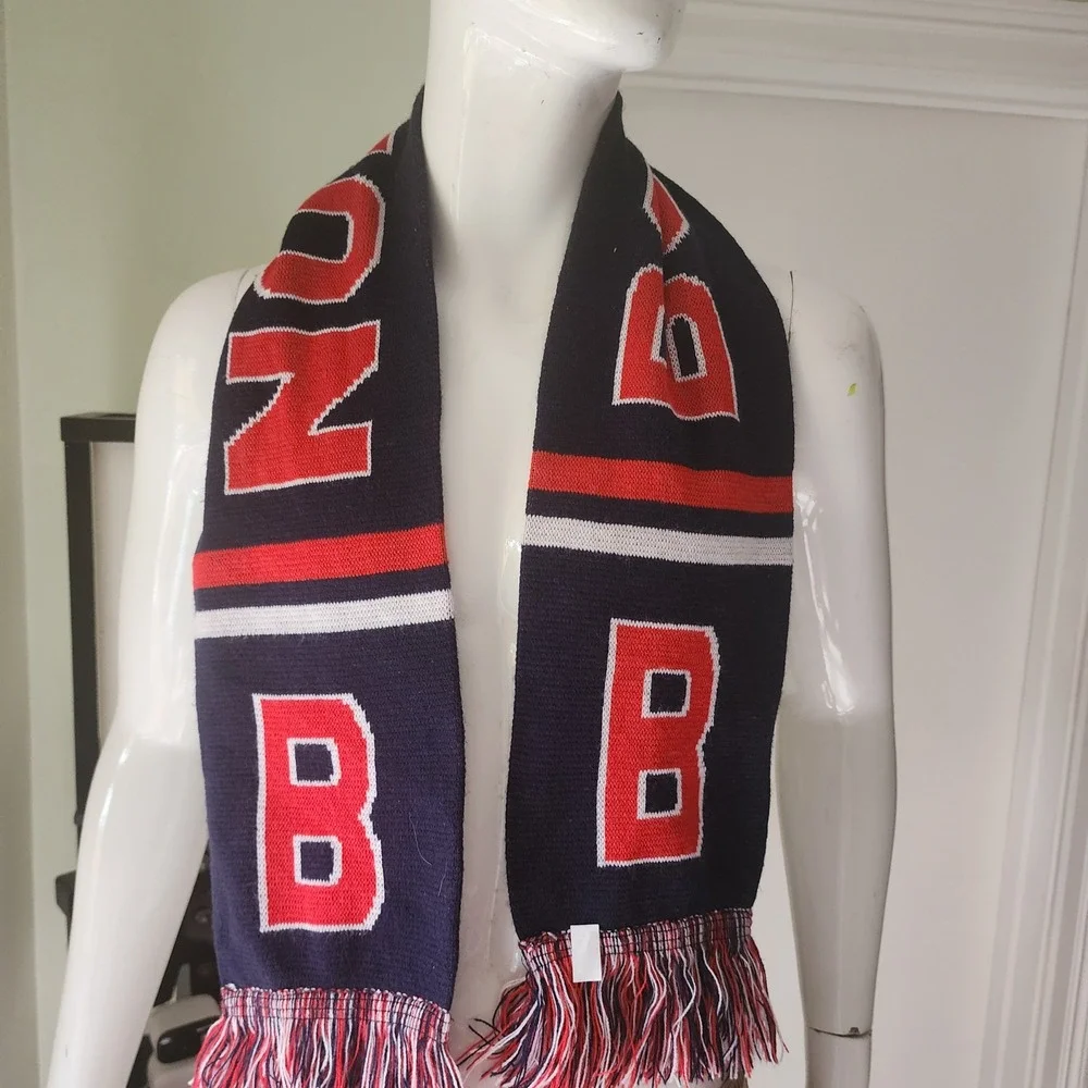 Boston Knit Scarf Navy Blue Red White Block Letter Fringe Sports Fan Accessory
